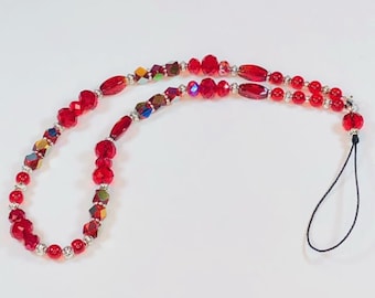 Handmade Mobile Phone Strap Charm - Hard Candy Red Crystals and Glass Beads