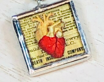 Handmade Reversible Glass and Silver Lead Free Soldered Pendant Necklace - 1x1 Inch - Human Heart Anatomy
