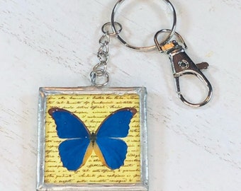 May include: A blue butterfly with brown accents is encased in a clear square frame with a yellow background. The frame is attached to a silver key chain with a silver clasp.