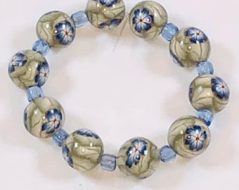 Handmade Polymer Clay Beads - Blue Flowers and Green Leaves - 9mm - Set of Ten