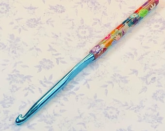 Handmade Polymer Clay Covered BOYE Crochet Hook - Size J/10  5.75 mm - Flowers and Translucent Butterflies