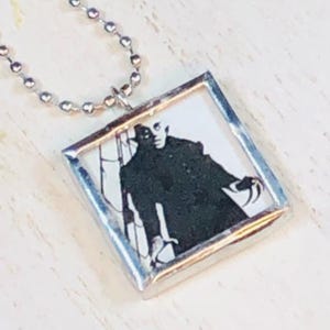 Handmade Reversible Glass and Silver Soldered Pendant Necklace - Nosferatu - 1x1 Inch