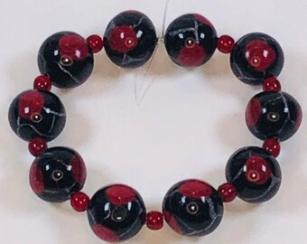 Handmade Polymer Clay Beads - Red Roses on Black and Silver Leaves - 12mm - Set of Ten