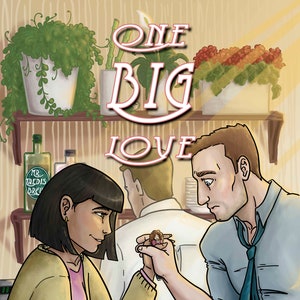 Può includere: Un'illustrazione di copertina di un fumetto che mostra una coppia seduta a un tavolo in un bar. La donna tiene in mano una versione in miniatura di se stessa. Il testo sulla copertina recita "One Big Love" e "By Taedis".