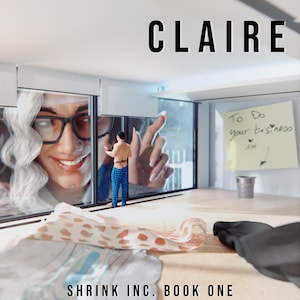 May include: Book cover for "Worshipping Claire" by Taedis. The image features a giant smiling face wearing glasses, a small figure in blue plaid pants, and a notepad with the text "To Do your business in".