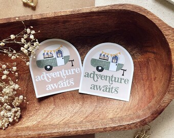 Adventure Awaits Sticker | Vintage Camper Sticker | Water Bottle Camping Sticker | Vinyl Sticker