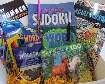 Puzzle book gift set, felt storage bin | Word Search books | Puzzle activity set | Adult coloring books | Word Find book | Adult puzzles