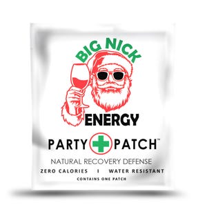 May include: A white pouch with a green and red illustration of Santa Claus wearing sunglasses and holding a glass of wine. The text "BIG NICK ENERGY PARTY PATCH" is printed on the pouch. The pouch contains one patch and is water resistant.
