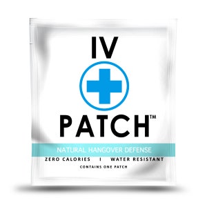 May include: A white pouch with a blue and black logo that says "IV PATCH™". The text below the logo says "NATURAL HANGOVER DEFENSE", "ZERO CALORIES", "WATER RESISTANT", and "CONTAINS ONE PATCH".