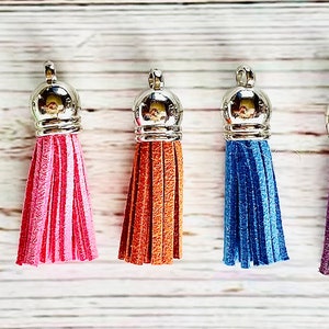 May include: Assortment of ten colorful tassels with silver tops. The tassels are made of different materials, including suede and yarn. The tassels are all approximately 2 inches in length.