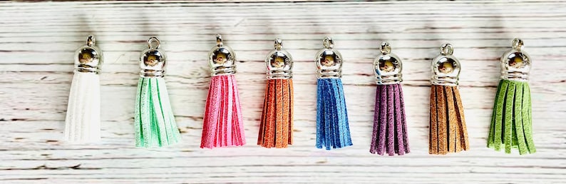 May include: Assortment of ten colorful tassels with silver tops. The tassels are made of different materials, including suede and yarn. The tassels are all approximately 2 inches in length.