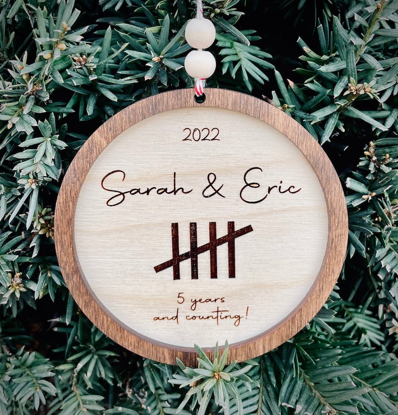 Personalized Anniversary ornament, 5th Anniversary, Wooden Anniversary ,Anniversary gift for him/her, Any Anniversary year zdjęcie 3