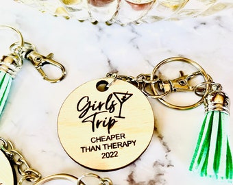 Girls Trip Keychain Favor: Engraved Birch Wood, Martini Design