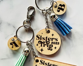 Personalized Sister Trip Keychain: Engraved Wood Bag Tag with Tassel