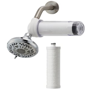 May include: A chrome shower head with a white filter attached to the arm. A replacement filter is shown separately.