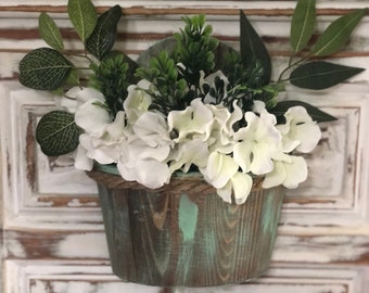 Hydrangea Hanging Basket, Greenwash Wood, Indoor Floral Arrangement