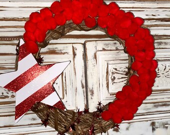 Memorial Day, Red Pom Pom Wreath|Patriotic Wreath|4th of July Wreath|Labor Day Wreath|Wreath|Door Hanger|Door Decor