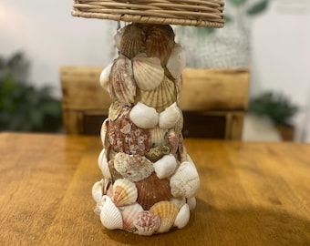Handcrafted Seashell Mushroom Decor, Coastal Wicker Accent