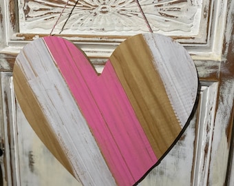 Distressed Pink and White Wooden Heart Wall Decor, Farmhouse Style