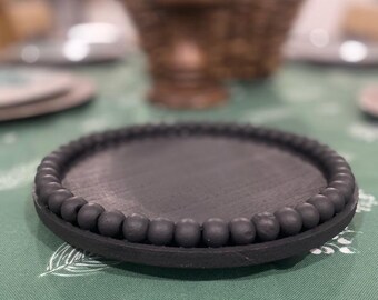 Black Wooden Beaded Tray, Farmhouse Table Decor (8in)