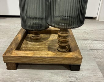 Ribbed Gray Glass Candle Holder Set, Wood Base