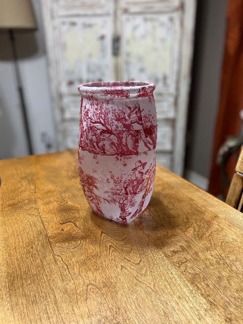 Red Toile Vase, French Country Vase, Decoupage Vase, Vases, Home Decor, Home and Living, Table