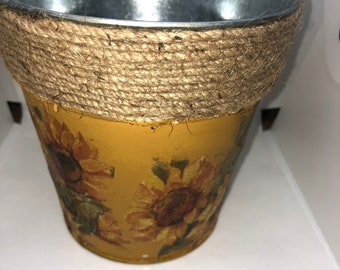 Jarrón de metal con diseño de girasol para decoupage / Decoración rústica de granja