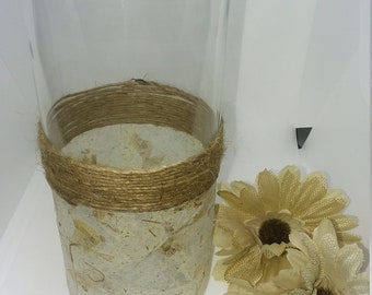 Jarrón de vidrio con decoupage hecho a mano / Papel de hoja real y cuerda de yute