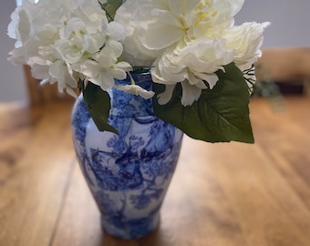 Blue Toile Vase|Toile Glass|French Country Vase|Decoupage Toile Vase|Vases|Glass Vase|Home Decor|Home and Living|Living Room|Toile Decor