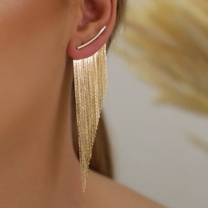 Tassel Fringe Earrings Gold Long image 1