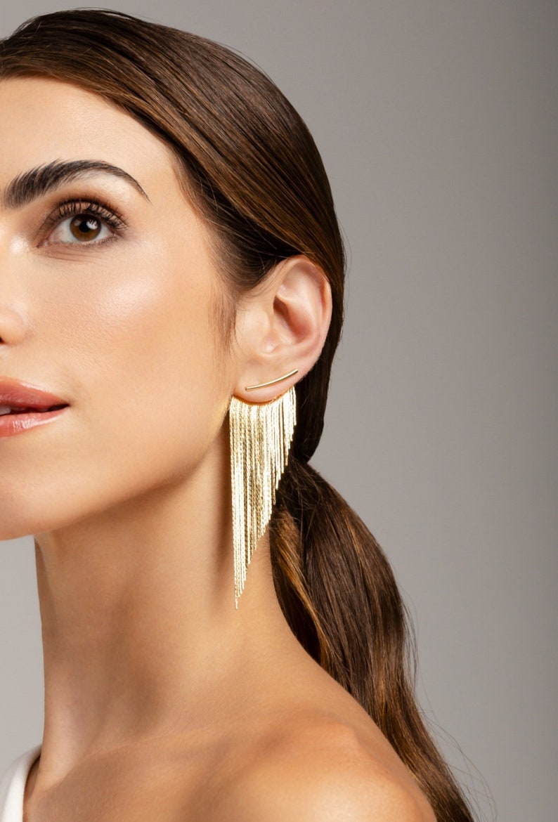 Tassel Fringe Earrings Gold Long image 3