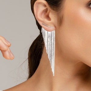 Tassel Fringe Earrings Silver Long image 1