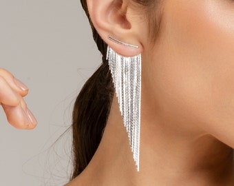 Tassel Fringe Earrings Silver - Long