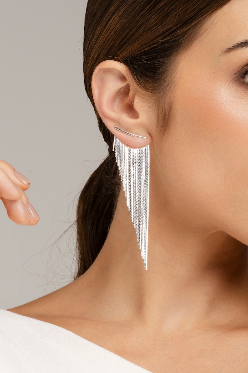 Tassel Fringe Earrings Silver Long image 1