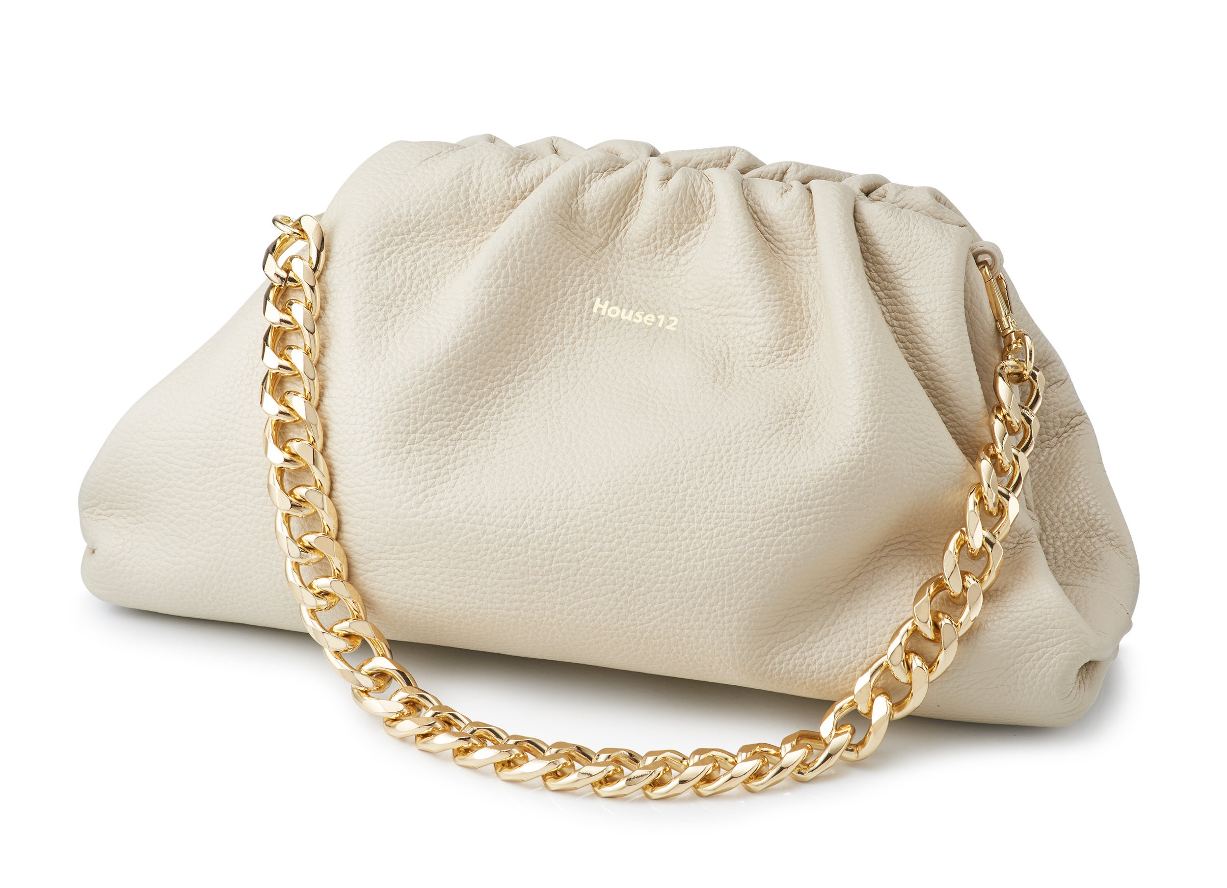 Chunky Chain Link Gathered Leather Cloud Clutch Bag - Beige