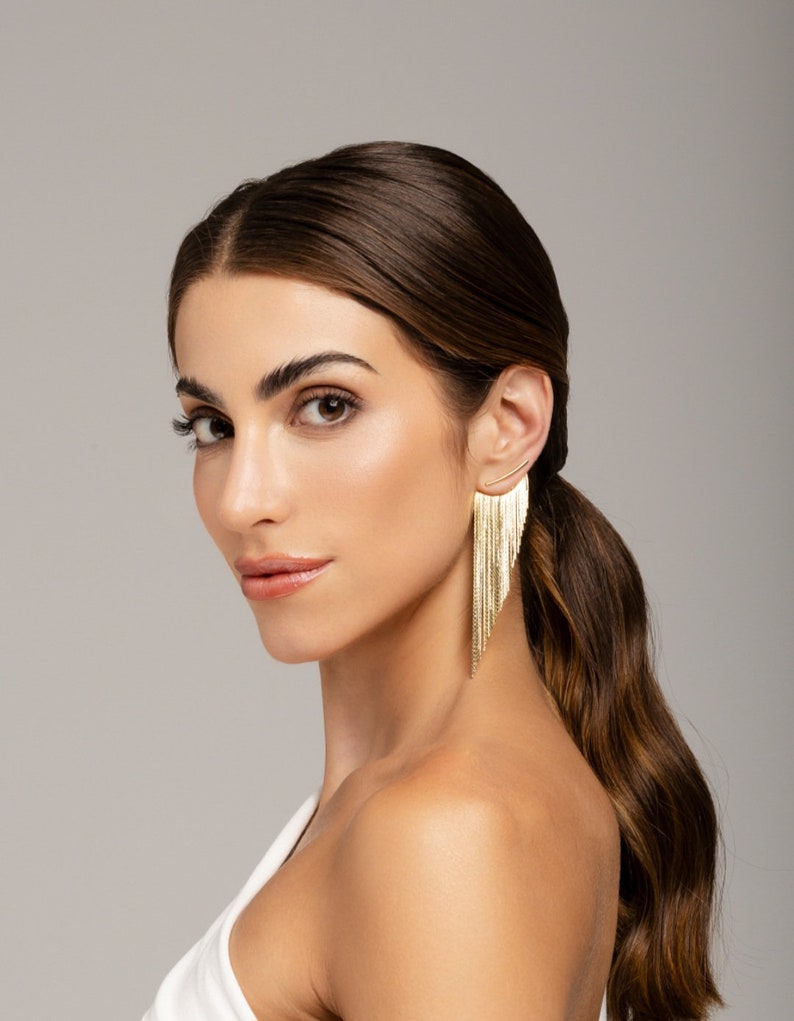 Tassel Fringe Earrings Gold Long image 2