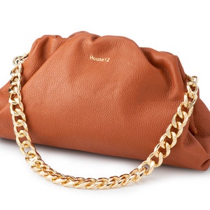 Genuine Leather Cloud Clutch Bag - Camel