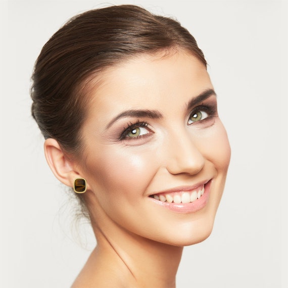 Boucles D'oreilles Anciennes œil-de-tigre - Plaqué Or Rose, Puces, Style Pendantes, Occasion