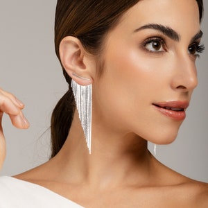 Tassel Fringe Earrings Silver Long image 2