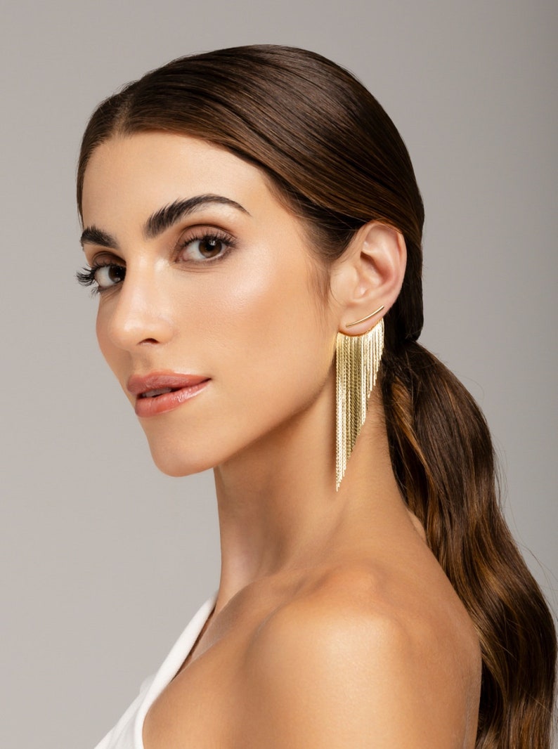 Boucles d'oreilles franges dorées Longues image 5