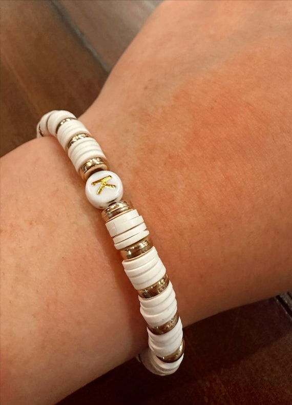 Clay Bead Bracelet Tan with White and Gold