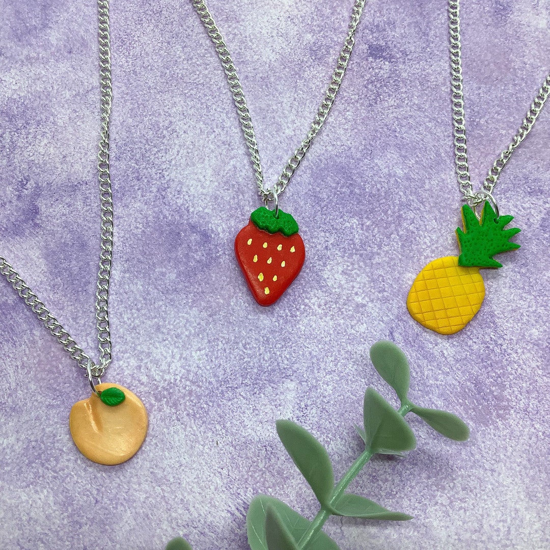 Fruit Charm Necklace Made From Polymer Clay pineapple, Strawberry, Lemon, Lime, Peach and Orange