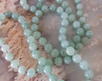 Vintage Beaded Green Jade Agate Knotted Necklace 32"