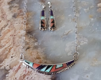 Ervin Hoskie Sterling Silver Inlay Jewelry Set: Opal, Purple Sugilite, Coral, Onyx