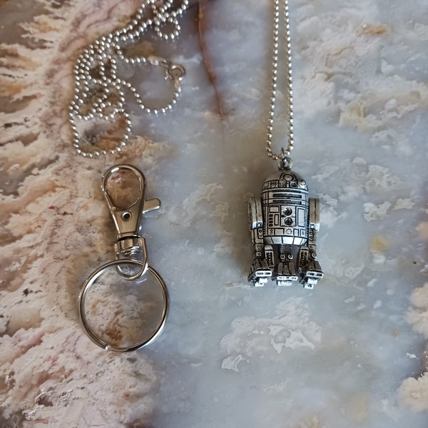 R2D2 Star Wars Necklace Marked (c) 77 20th Century Fox Collectors Item/Sterling Silver Ball Italy 30" Chain and Key Chain/Gift for Collector