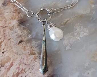 Paper Clip Stainless Steel Charm Holder with Abalone and Faux Pearl Charms