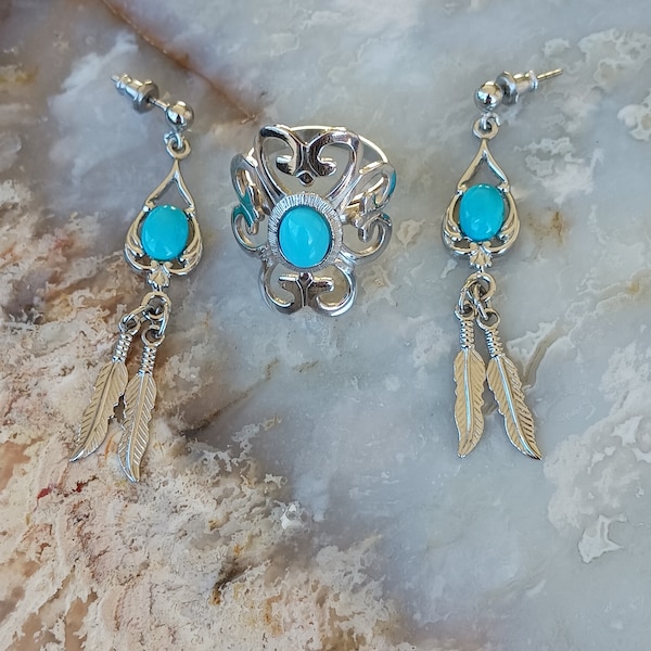 Sarah Coventry Faux Turquoise Ring Size 7.5 Adjustable/Stamped Feather Dangle Earring Set/South Western Set/Gift for Self/Gift for Her