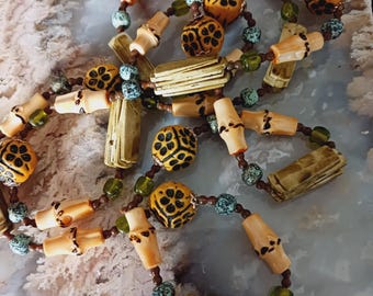 Vintage Tiki Torch Beaded Necklace: 48&quot; Unisex Bamboo & Flower