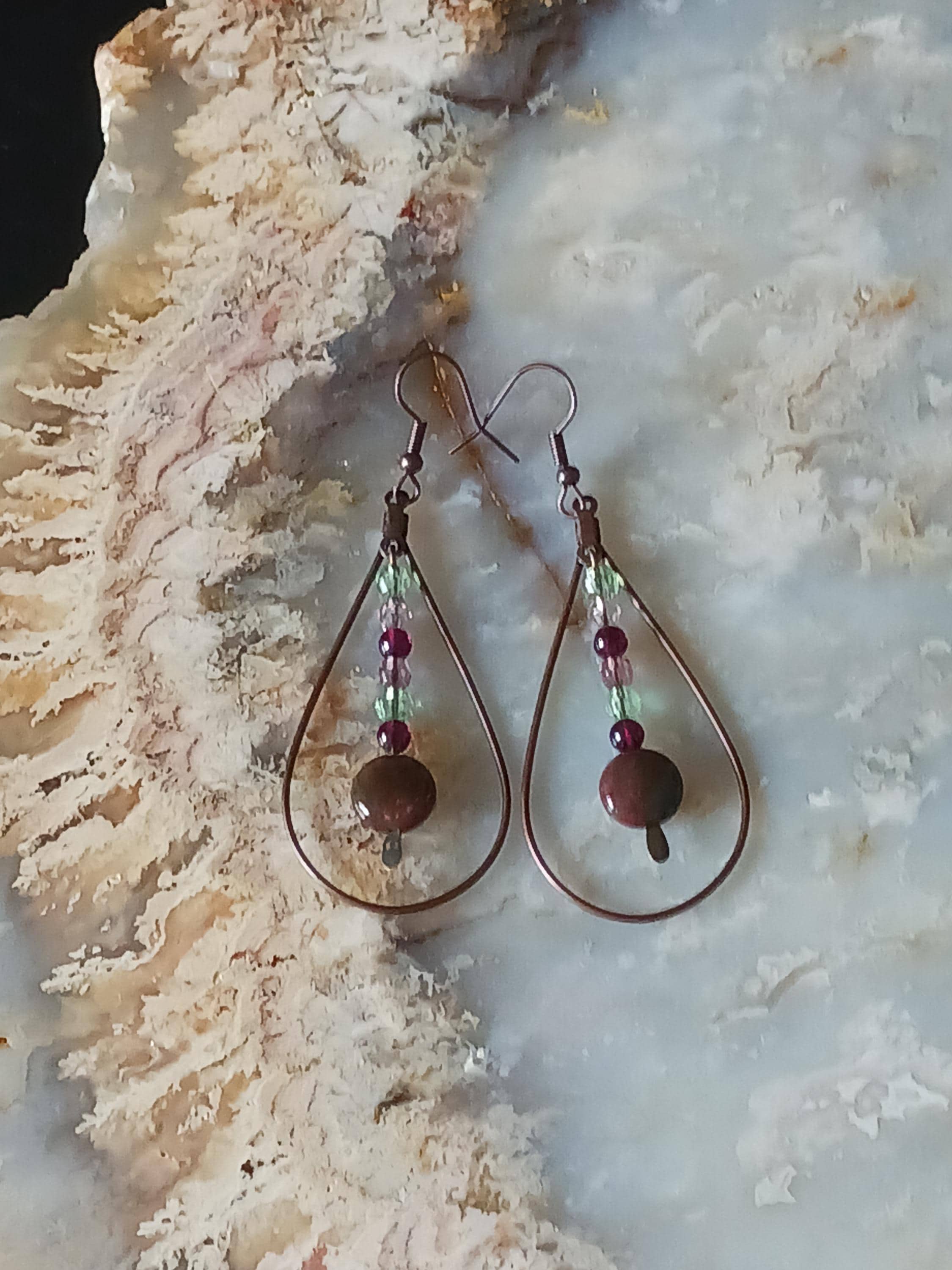 Tear Drop Dangle Agate Garnet and Crystal Bohemian Earrings