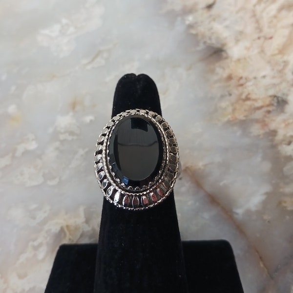 Whiting & Davis Statement Ring with Oval Faceted Stone 1970s Chunky Adjustable Silver Hematite Ring Lovely